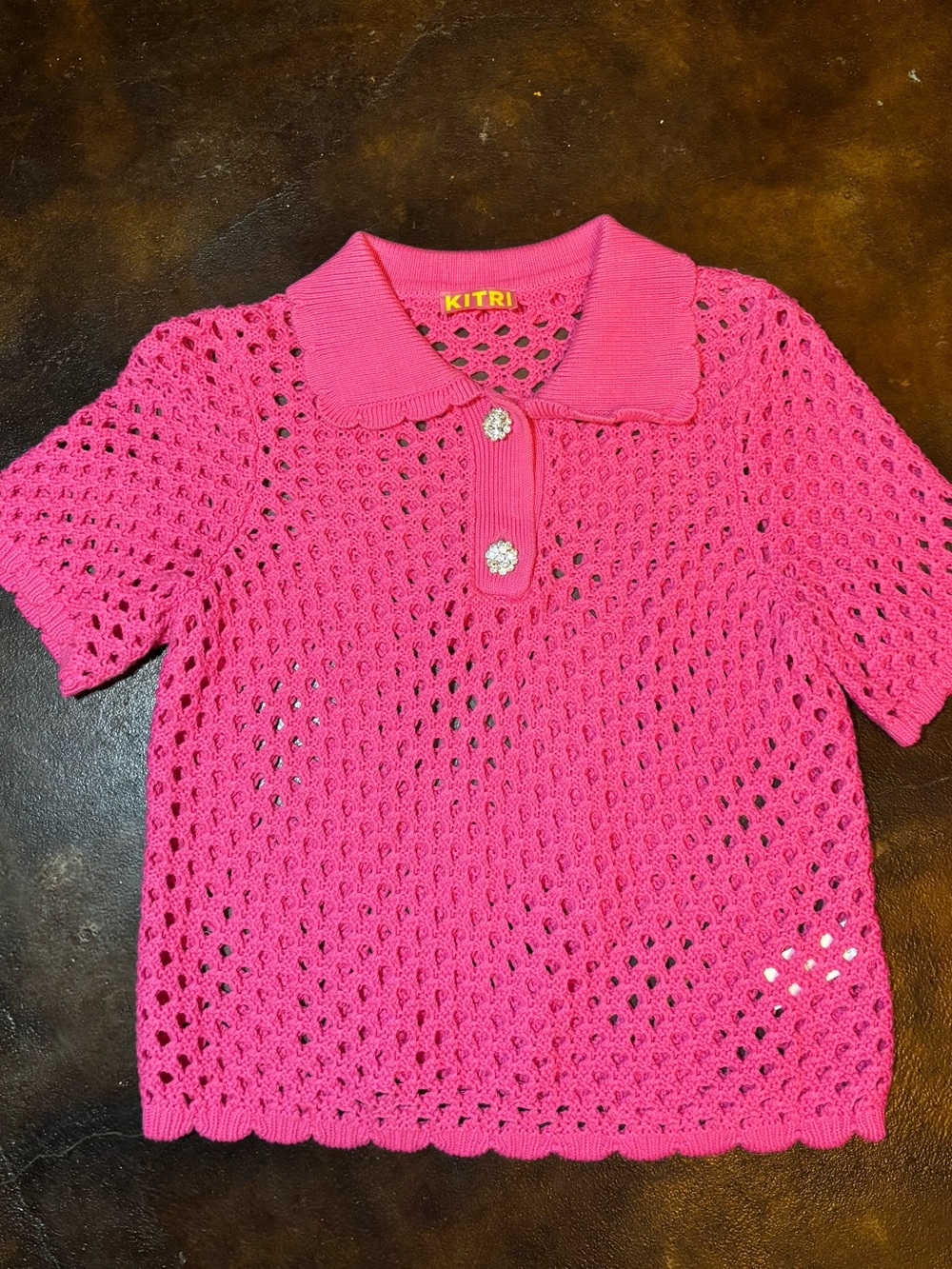 Kitri Aida Crochet Polo Top - Vibrant Pink Size XS